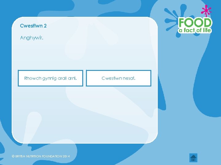 Cwestiwn 2 Anghywir. Rhowch gynnig arall arni. © BRITISH NUTRITION FOUNDATION 2014 Cwestiwn nesaf.