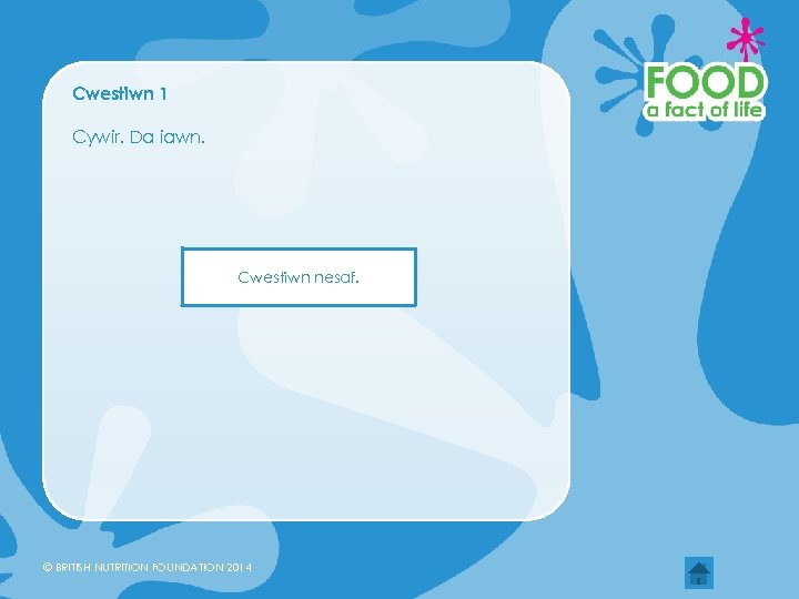 Cwestiwn 1 Cywir. Da iawn. Cwestiwn nesaf. © BRITISH NUTRITION FOUNDATION 2014 