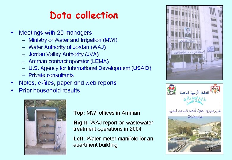 Data collection • Meetings with 20 managers – – – Ministry of Water and