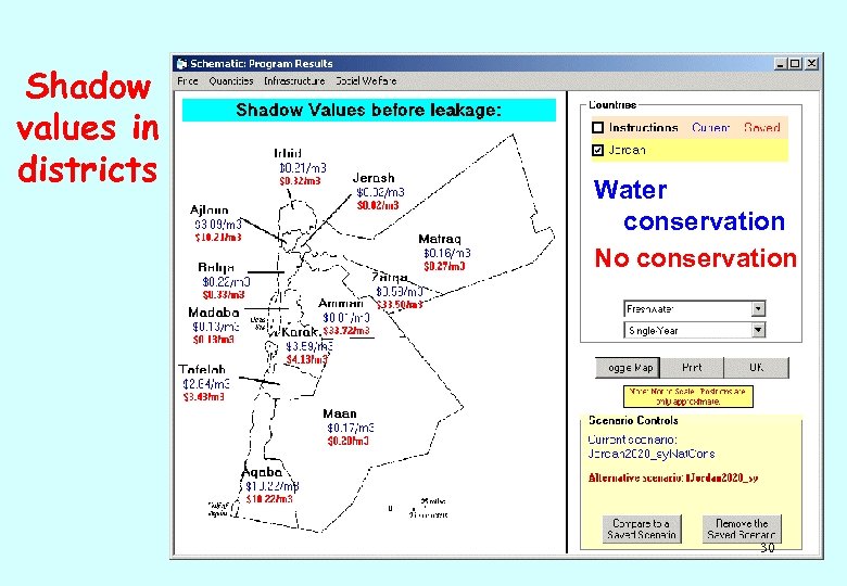 Shadow values in districts Water conservation No conservation 30 