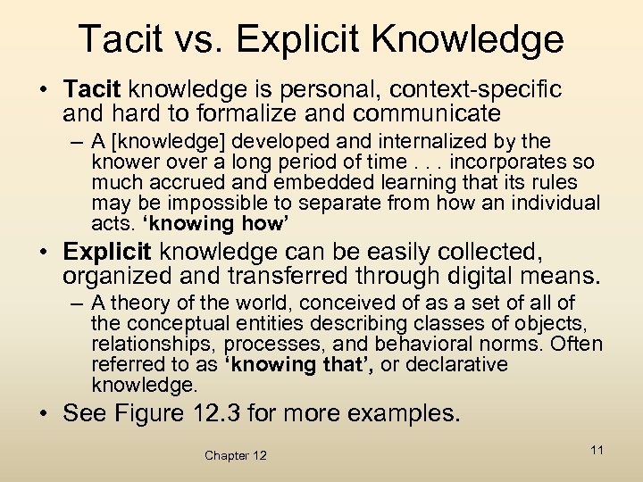 Tacit vs. Explicit Knowledge • Tacit knowledge is personal, context-specific and hard to formalize