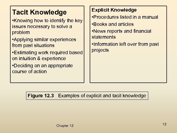 Tacit Knowledge • Knowing how to identify the key issues necessary to solve a