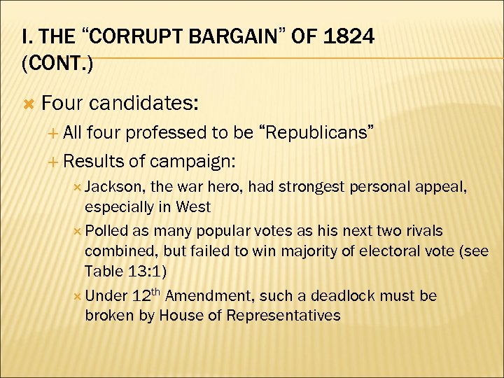I. THE “CORRUPT BARGAIN” OF 1824 (CONT. ) Four candidates: All four professed to