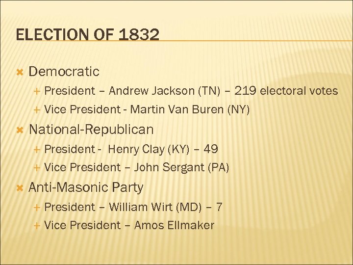 ELECTION OF 1832 Democratic President – Andrew Jackson (TN) – 219 electoral votes Vice