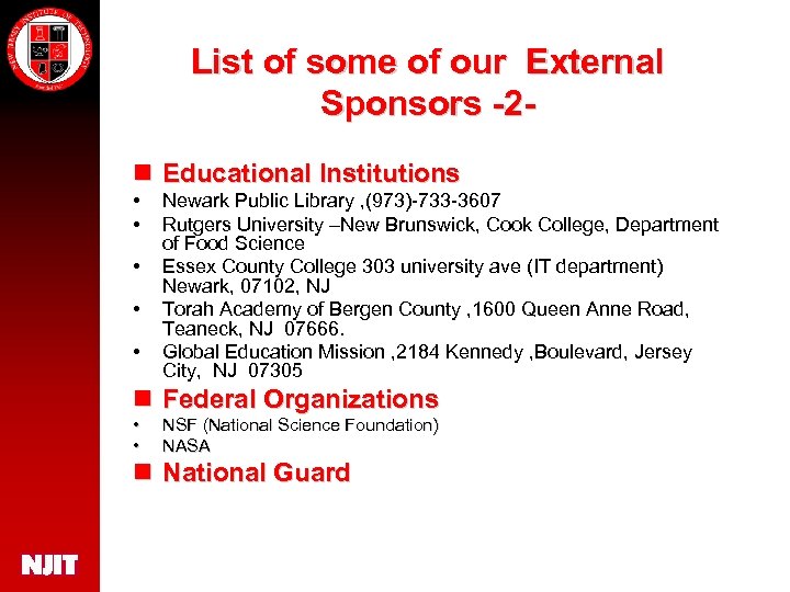 List of some of our External Sponsors -2 n Educational Institutions • • •