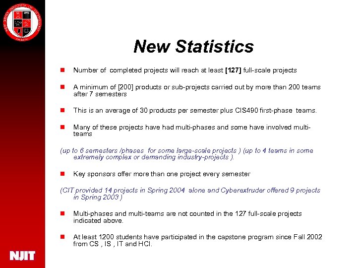 New Statistics n Number of completed projects will reach at least [127] full-scale projects