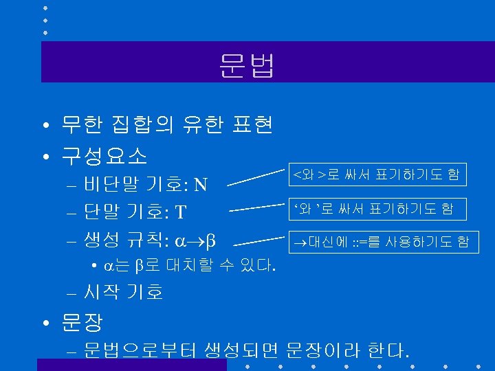 문법 • 무한 집합의 유한 표현 • 구성요소 – 비단말 기호: N – 단말