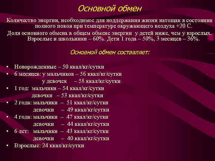 Основной обмен Количество энергии, необходимое для поддержания жизни натощак в состоянии полного покоя при