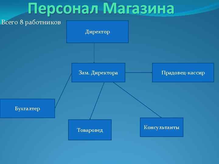 Персонал Магазина Всего 8 работников Директор Зам. Директора Прадовец-кассир Бухгалтер Товаровед Консультанты 