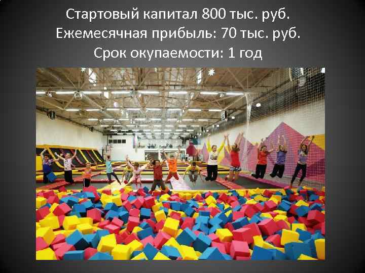 Стартовый капитал 800 тыс. руб. Ежемесячная прибыль: 70 тыс. руб. Срок окупаемости: 1 год