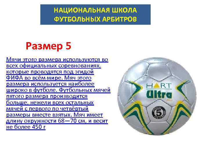 НАЦИОНАЛЬНАЯ ШКОЛА ФУТБОЛЬНЫХ АРБИТРОВ Размер 5 Мячи этого размера используются во всех официальных соревнованиях,