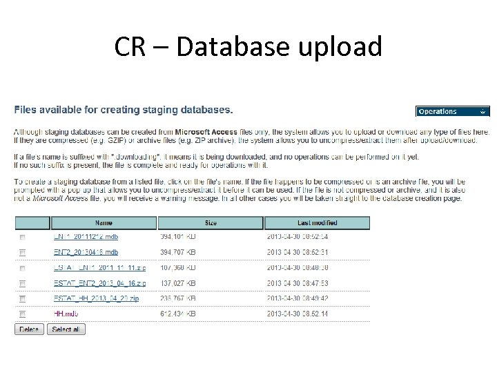 CR – Database upload 