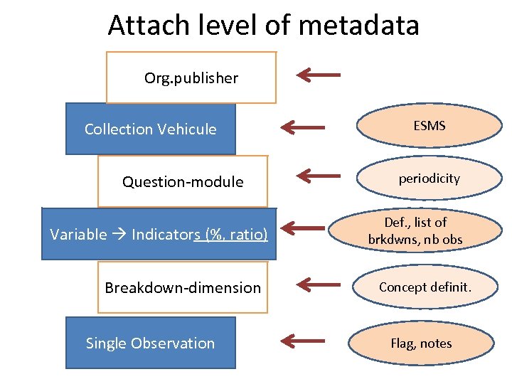 Attach level of metadata Org. publisher Collection Vehicule Question-module Variable Indicators (%, ratio) Breakdown-dimension