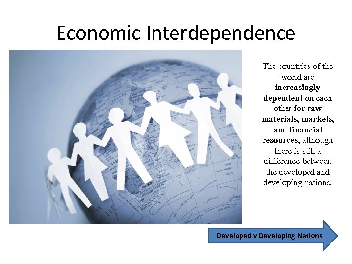 Economic Interdependence The countries of the world are increasingly dependent on each other for