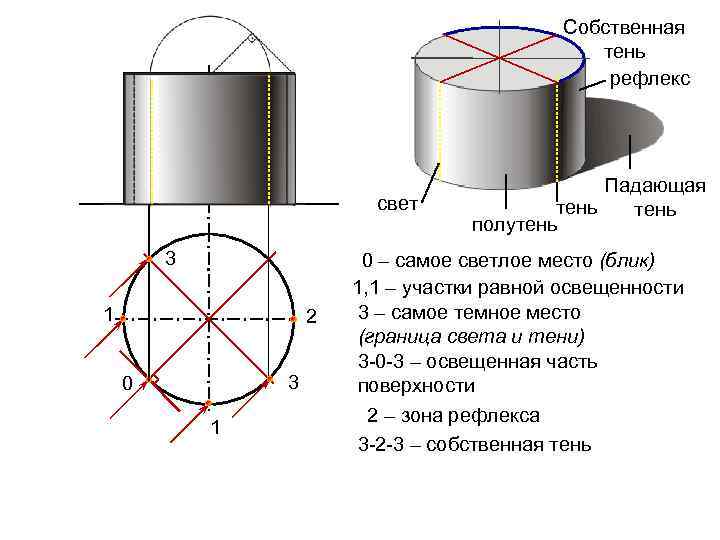 Собственная тень рефлекс свет 3 1 2 3 0 1 Падающая тень полутень 0