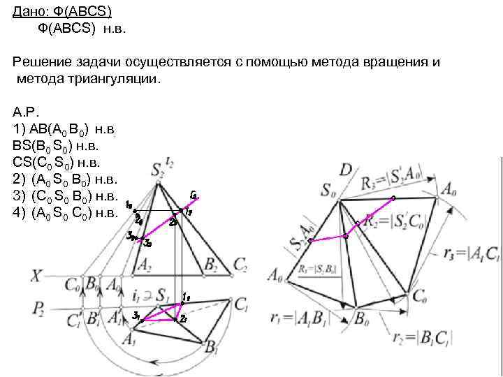 Дано: Ф(ABCS) н. в. Решение задачи осуществляется с помощью метода вращения и метода триангуляции.