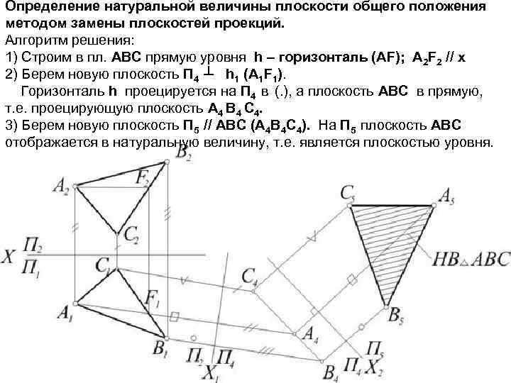 Способ замены проекции. Метод замены плоскостей проекций определить натуральную величину. Определить натуральную величину плоскости методом замены плоскостей. Метод замены плоскостей проекции треугольника. Для определения натуральной величины плоскость общего положения.