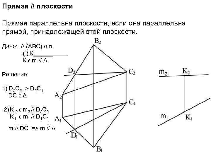 Прямая // плоскости Прямая параллельна плоскости, если она параллельна прямой, принадлежащей этой плоскости. Дано: