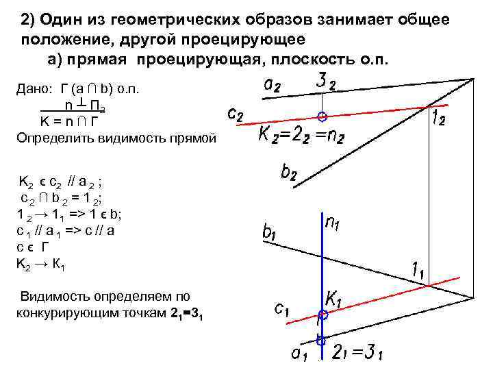 2) Один из геометрических образов занимает общее положение, другой проецирующее а) прямая проецирующая, плоскость