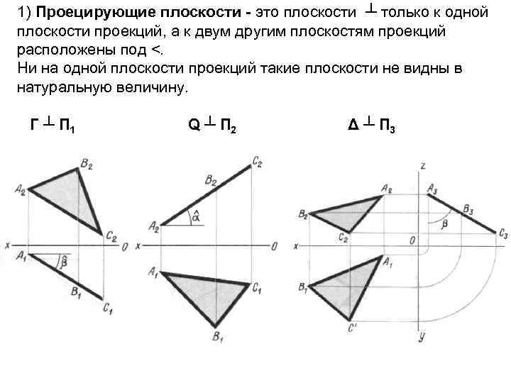 1) Проецирующие плоскости - это плоскости ┴ только к одной плоскости проекций, а к