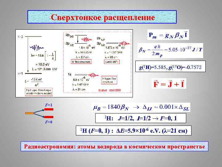 Сверхтонкое расщепление g(1 H)=5. 585, g(17 O)=-0. 7572 F=1 1 H: F=0 1 H