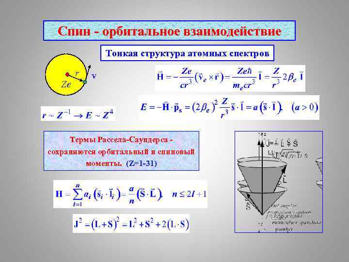 Спин - орбитальное взаимодействие Тонкая структура атомных спектров r Ze v Термы Рассела-Саундерса сохраняются