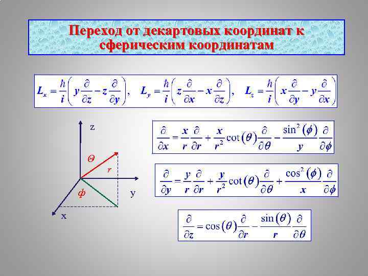 Переход от декартовых координат к сферическим координатам z Θ ф x r y 