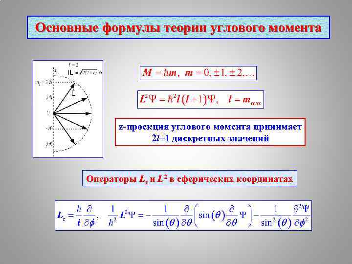 Основные формулы теории углового момента z-проекция углового момента принимает 2 l+1 дискретных значений Операторы