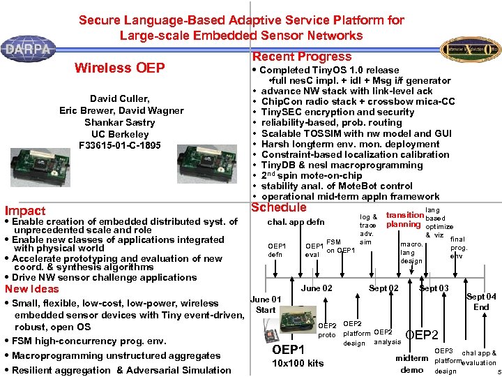 Secure Language-Based Adaptive Service Platform for Large-scale Embedded Sensor Networks Wireless OEP David Culler,