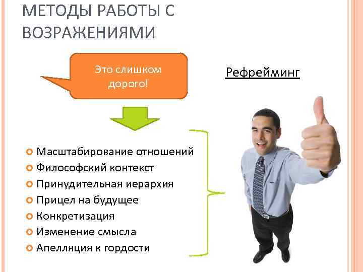 МЕТОДЫ РАБОТЫ С ВОЗРАЖЕНИЯМИ Это слишком дорого! Масштабирование отношений Философский контекст Принудительная иерархия Прицел