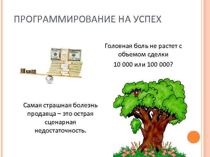 ПРОГРАММИРОВАНИЕ НА УСПЕХ Головная боль не растет с объемом сделки 10 000 или 100