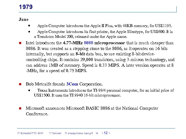 1979 June · Apple Computer introduces the Apple II Plus, with 48 KB memory,