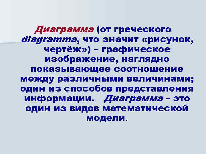 Диаграмма (от греческого diagramma, что значит «рисунок, чертёж» ) – графическое изображение, наглядно показывающее