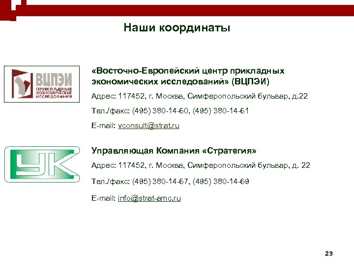 Наши координаты «Восточно-Европейский центр прикладных экономических исследований» (ВЦПЭИ) Адрес: 117452, г. Москва, Симферопольский бульвар,
