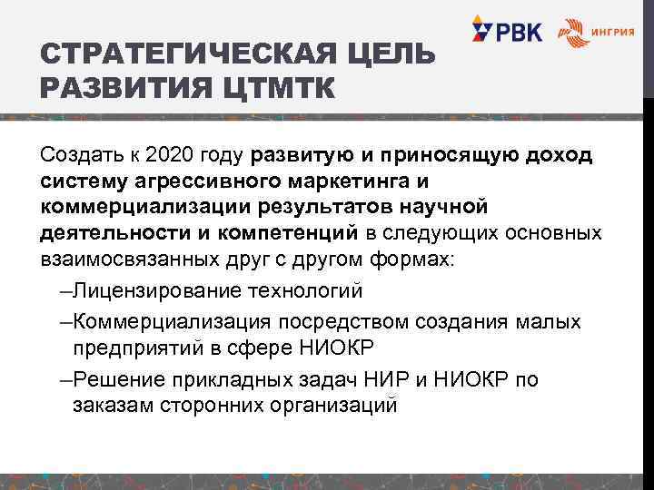 СТРАТЕГИЧЕСКАЯ ЦЕЛЬ РАЗВИТИЯ ЦТМТК Создать к 2020 году развитую и приносящую доход систему агрессивного