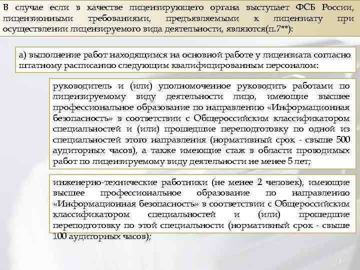 В случае если в качестве лицензирующего органа выступает ФСБ России, лицензионными требованиями, предъявляемыми к