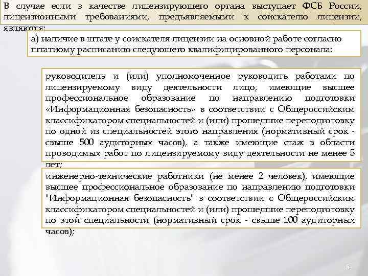 В случае если в качестве лицензирующего органа выступает ФСБ России, лицензионными требованиями, предъявляемыми к
