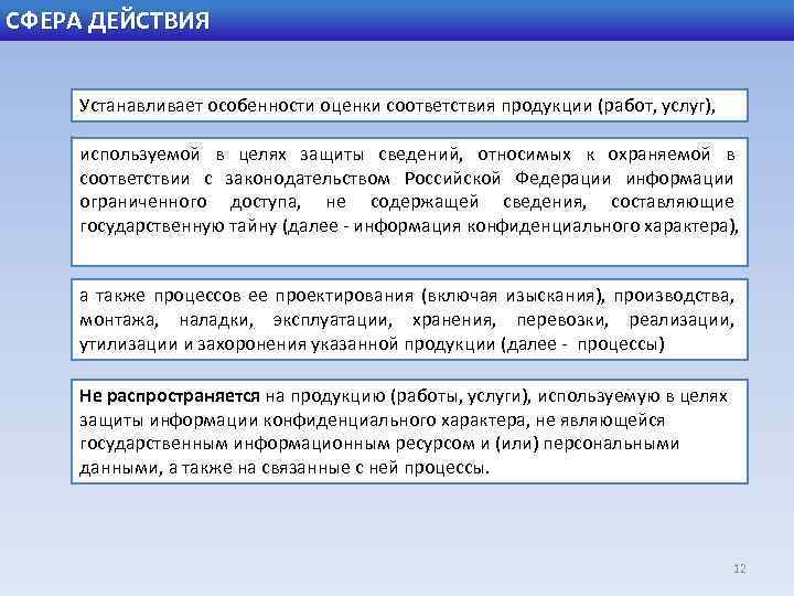 СФЕРА ДЕЙСТВИЯ Устанавливает особенности оценки соответствия продукции (работ, услуг), используемой в целях защиты сведений,