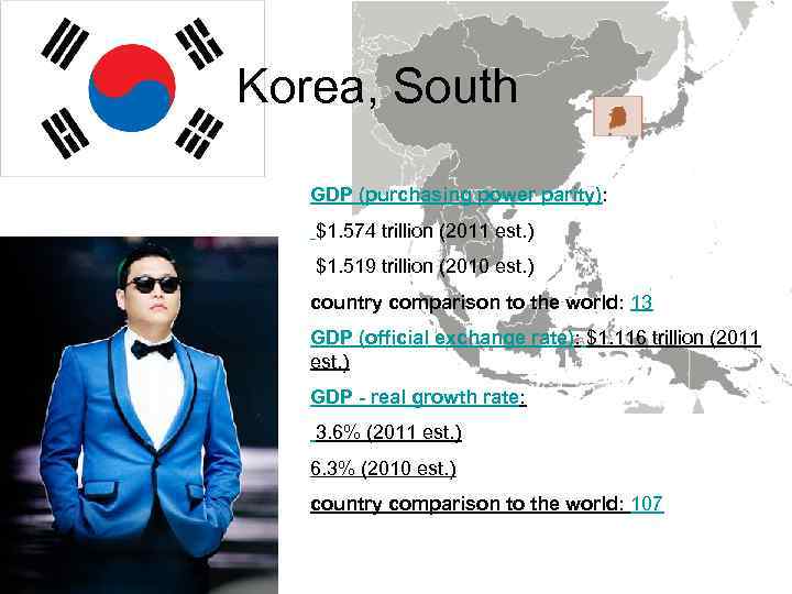 Korea, South GDP (purchasing power parity): $1. 574 trillion (2011 est. ) $1. 519