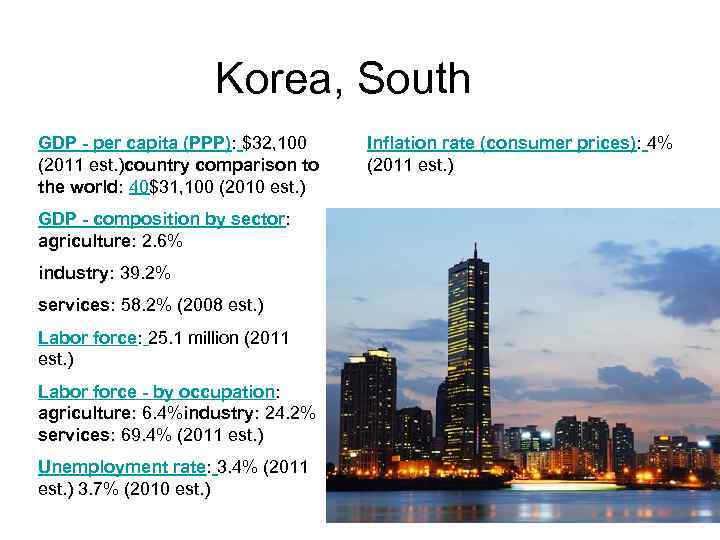 Korea, South GDP - per capita (PPP): $32, 100 (2011 est. )country comparison to