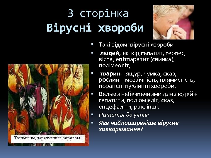 3 сторінка Вірусні хвороби Такі відомі вірусні хвороби людей, як кір, гепатит, герпес, віспа,