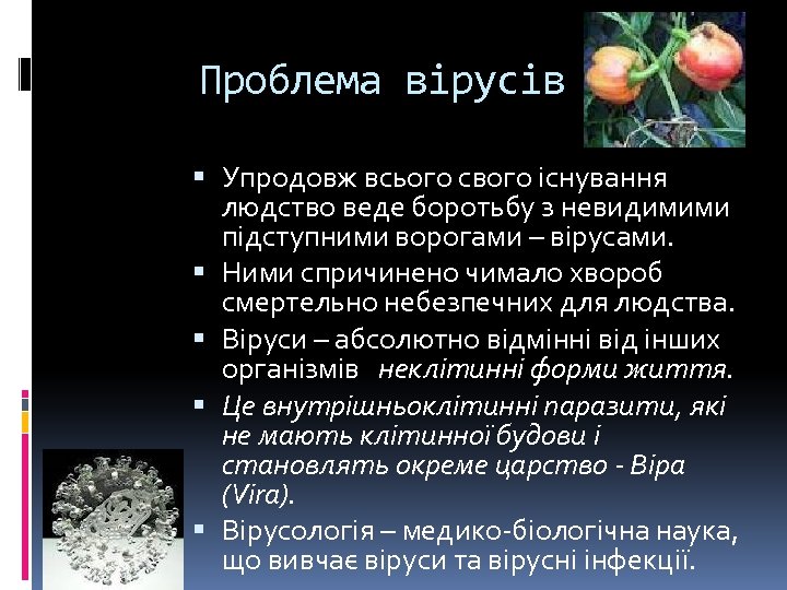 Проблема вірусів Упродовж всього свого існування людство веде боротьбу з невидимими підступними ворогами –