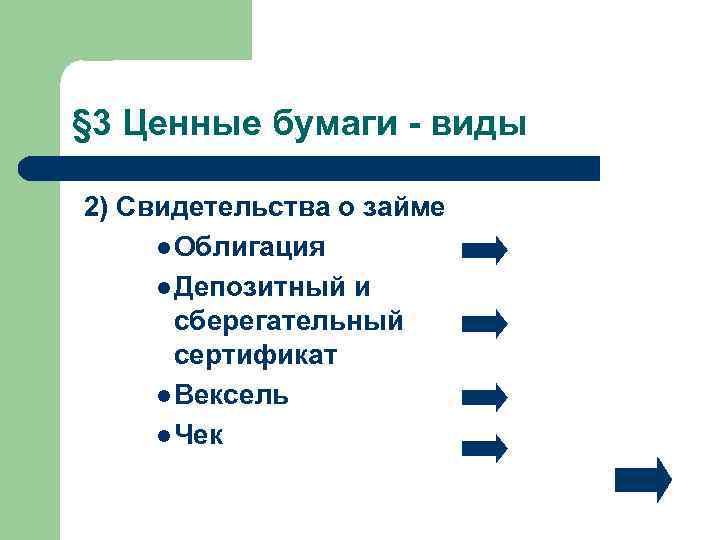 § 3 Ценные бумаги - виды 2) Свидетельства о займе l Облигация l Депозитный