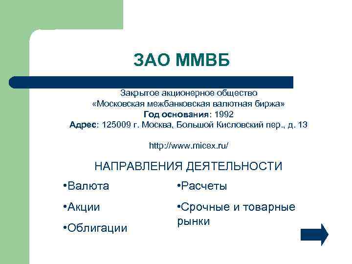 ЗАО ММВБ Закрытое акционерное общество «Московская межбанковская валютная биржа» Год основания: 1992 Адрес: 125009
