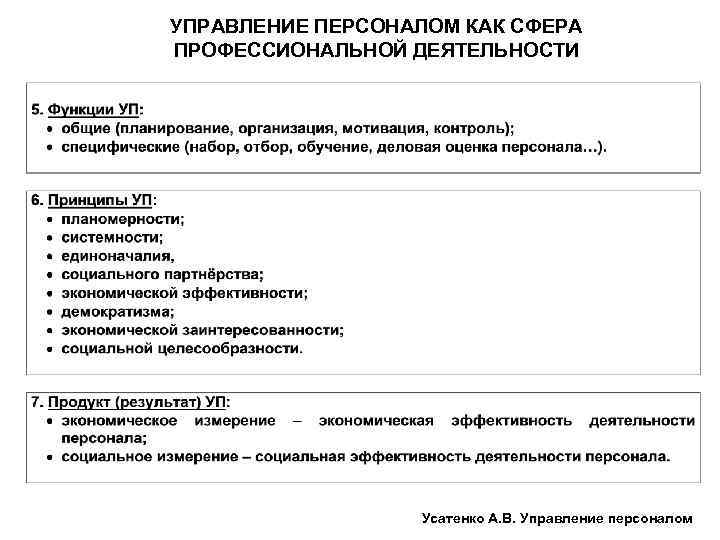 УПРАВЛЕНИЕ ПЕРСОНАЛОМ КАК СФЕРА ПРОФЕССИОНАЛЬНОЙ ДЕЯТЕЛЬНОСТИ Усатенко А. В. Управление персоналом 