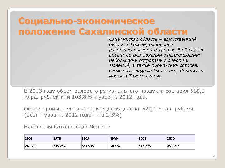 Социально-экономическое положение Сахалинской области Сахалинская область – единственный регион в России, полностью расположенный на
