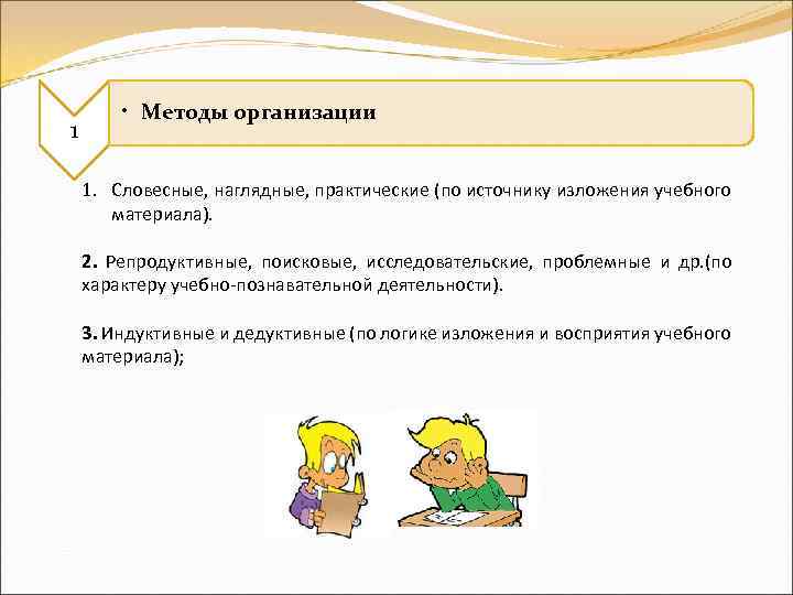 1 • Методы организации 1. Словесные, наглядные, практические (по источнику изложения учебного материала). 2.