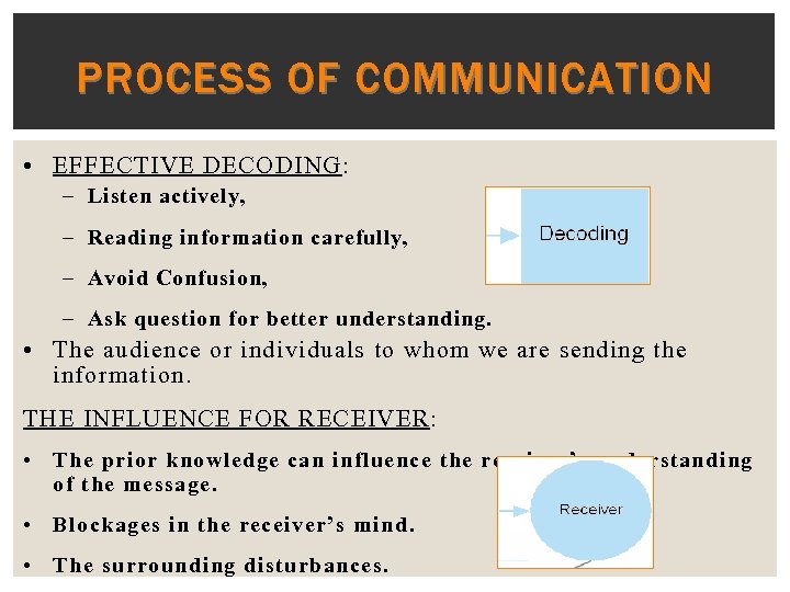 PROCESS OF COMMUNICATION • EFFECTIVE DECODING: – Listen actively, – Reading information carefully, –