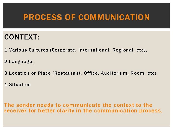 PROCESS OF COMMUNICATION CONTEXT: 1. Various Cultures (Corporate, International, Regional, etc), 2. Language, 3.