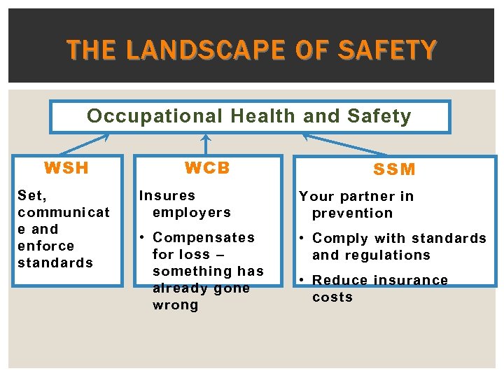 THE LANDSCAPE OF SAFETY Occupational Health and Safety WSH Set, communicat e and enforce